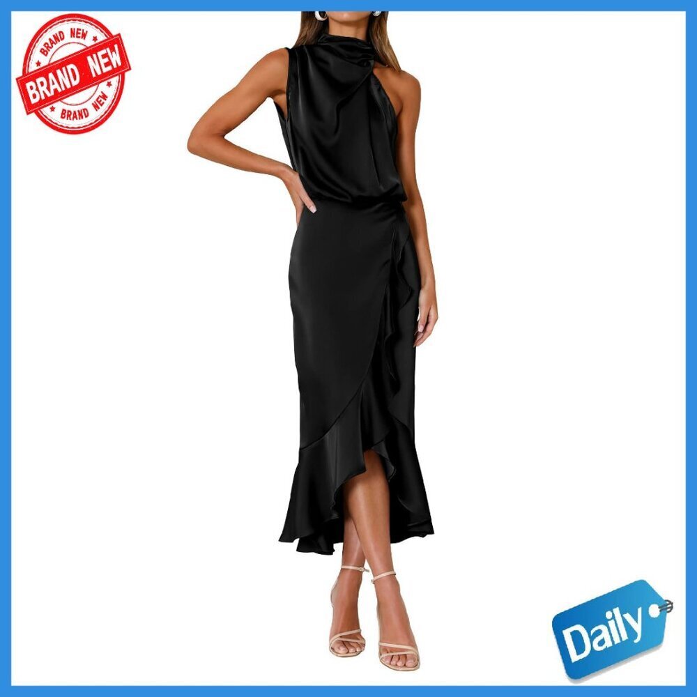Satin Mock Neck Wrap Midi Dress Sleeveless Formal Cocktail Party